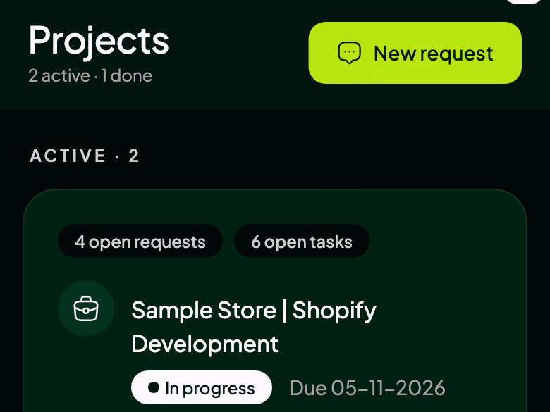 The Projects tab: a sample store's Shopify build, in progress at stage 2 of 5