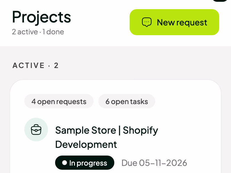 The Projects tab: a sample store's Shopify build, in progress at stage 2 of 5